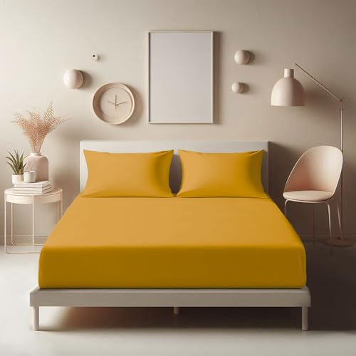 Aspire Homeware Spannbettlaken für Doppelbett, 25 cm tief, Hotelqualität (Ocker), weich und atmungsaktiv, Spannbetttücher für Doppelbett, knitterfrei, pflegeleichte Spannbetttücher