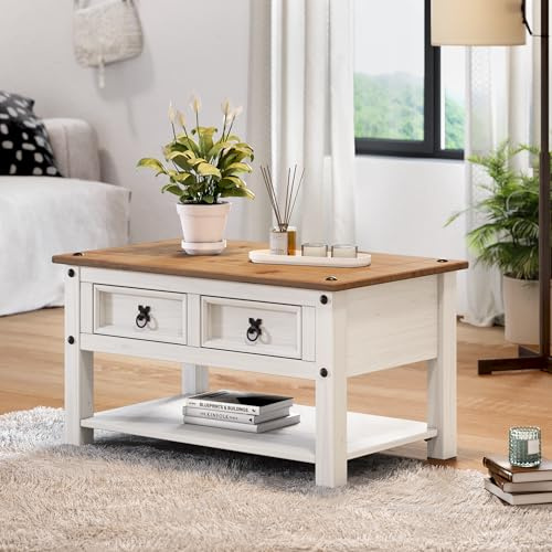 Corona White 2 Drawer Coffee Table Solid Wood Pine Wooden Painted Wax Living Room Lounge Storage Unit Shabby Chic Mexican Style 45cm High 85cm Wide 50cm Deep