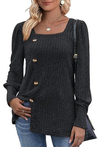 MYCOLORBLUE Damen Herbst Pullover Tunika Weich Stretch Langarm Deko Knöpfen Strickpullover T Shirt
