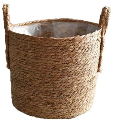 BEAHING Pflanzkörbe Seegras Waschkorb Seegras Korb Pflanzentopf Handgewebe Pflanzentopf mit und leckdestem Plastikfutter für Innengarten im Freien Gartenbalkon 35 cm, Seegras Wäschereikorb
