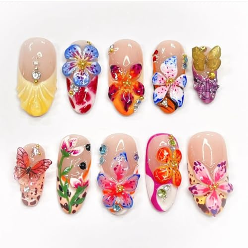 GlamRays 24 PCS 3D Tropical Flowers Press on Nails Medium Almond, Colorful Butterfly Flower Charm, Bright Handmade Full Covers, Sticker Nails for Women