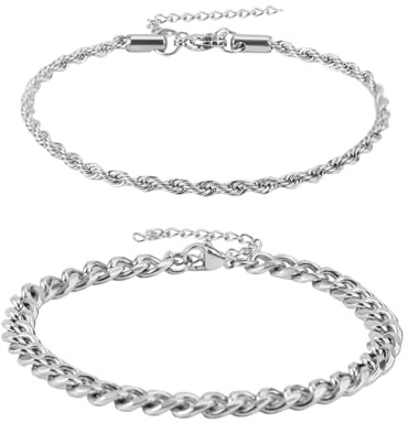 Mikovivi 2pcs Bracelets Chaîne en Argent pour Homme, Résistants et Étanches en Acier Inoxydable à Maillons Cubains Cadeaux de Pâques Bijoux Tendance pour Homme Lui ou Ados Garçons Idées Cadeaux
