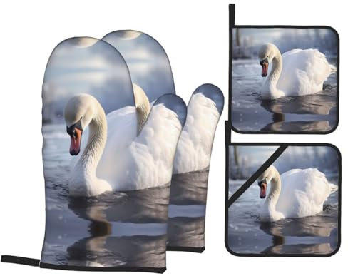 Ofenhandschuhe Und Topflappen-Set Weißer Schwan Spielt Im Wassermuster Waschbarer Topflappen Hitzebeständig Kochhandschuhe Für Backen Kitchen Kochen,4 Stck.