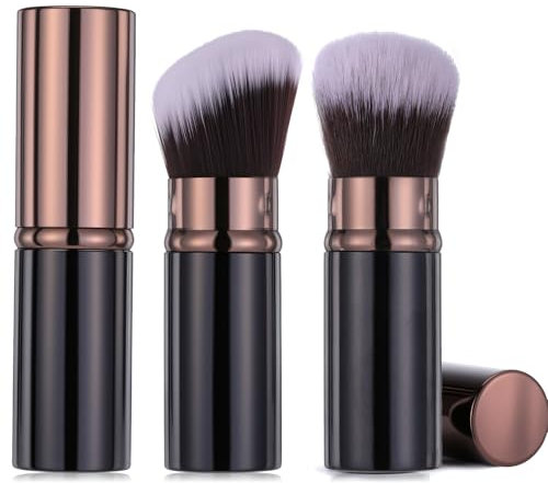 Retractable Makeup Brush, 2 Pcs Portable Kabuki Foundation Brush Travel Size Face Blush Brushes with Cover Professional Cosmetic Tools for Blush Bronzer Buffing Loose Powder