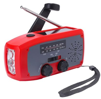 Radio solaire à manivelle - AM/FM - Portable - Avec batterie rechargeable de 2000 mAh - Port USB - Lampe de poche LED - Alarme SOS - Récepteur mondial pour camping, extérieur, urgence - Rouge