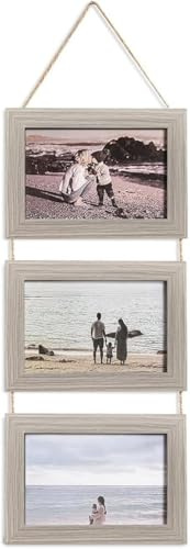 Ichigo Ichie Portafotos Múltiple Decorativo, Collage Portarretratos Colgante, Marcos de Fotos de Madera con Cuerda para Colgar en la Pared para 3 Fotos de 13x18cm, Gris Madera