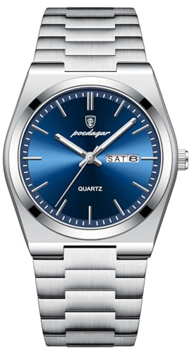 Poedagar - Reloj de pulsera para hombre de cuarzo, impermeable, luminoso, con fecha y semana, relojes clásicos de negocios y moda, acero inoxidable, Azul plateado., pulsera