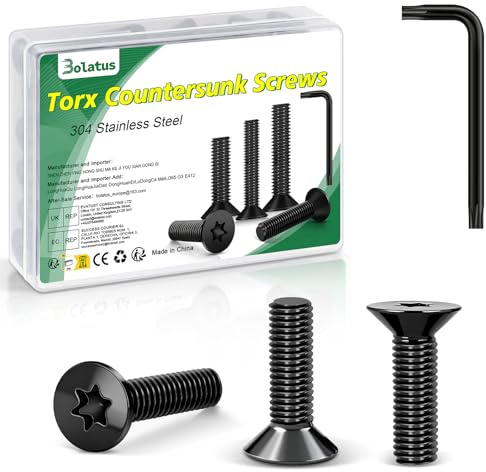 20 Stück M4 x 10 mm Senkkopfschrauben Schwarz, Bolatus 304 Edelstahl Schrauben Torx Senkkopfschrauben mit Torx Schlüssel und Box nach Norm ISO 14581 für Maschinen und Geräte, Außenanlagen, Möbel, Holz