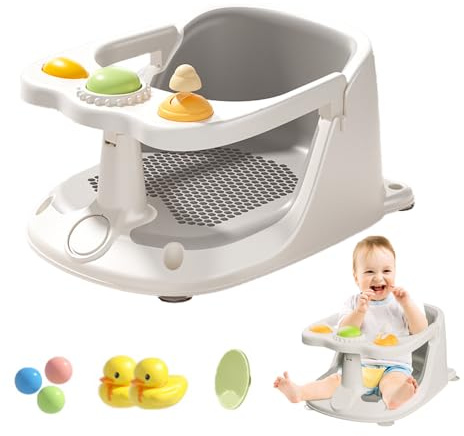 Accmuzzy Baby Bath Seat,Non-Slip Grey Bath Seat Baby 6 Months & Up with Toys,Multifunctional Toddler Chair for Sitting Up with Ocean Balls,Little Yellow Ducks and Silicone Brush