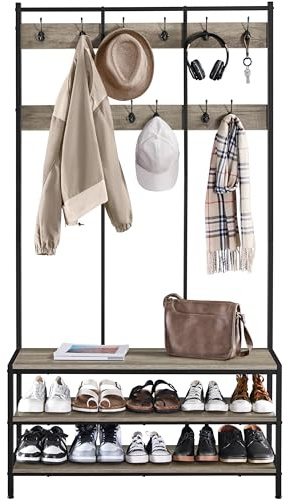 Yaheetech Garderobenständer mit 24 Kleiderhaken & Schuhregal & 3 Ablagen Sitzbank bis 125 kg Belastbar Kleiderständer fürs Schlafzimmer/Flur/Eingangsbereich/Wohnzimmer/Büro