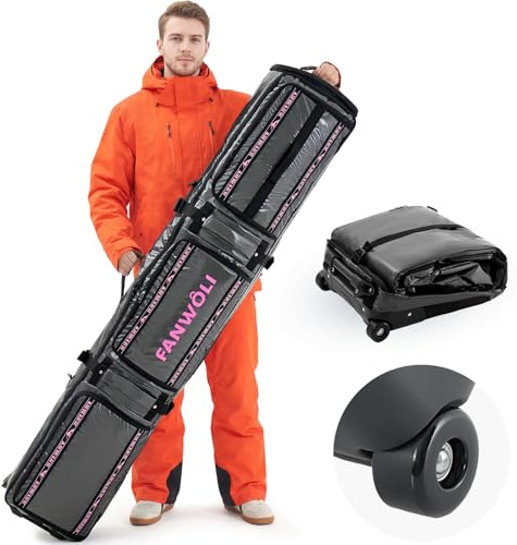 Erweiterbare Snowboardtasche mit Rollen, voll gepolsterte doppelte Skitaschen für Flugreisen, wasserdichtes 900D TPU, abnehmbare Schultergurte, passend für Ski bis 165 cm und Stiefel bis Größe 48