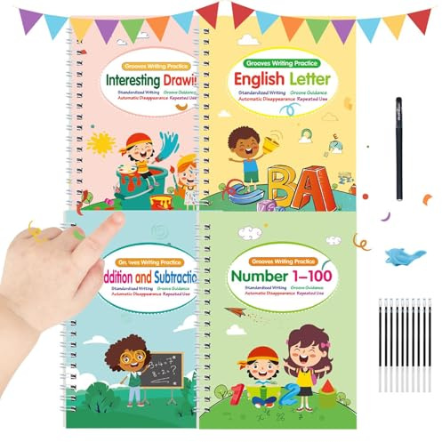 Magische Vorschule Übungshefte - 4 Pads Magische Vorschulhefte | Wiederverwendbare Schreiblernhefte Für Vorschule | Buchstaben- & Zahlenrillen, Inkl. 10 Nachfüllungen, Stifthalter & Griff | Vorschul &