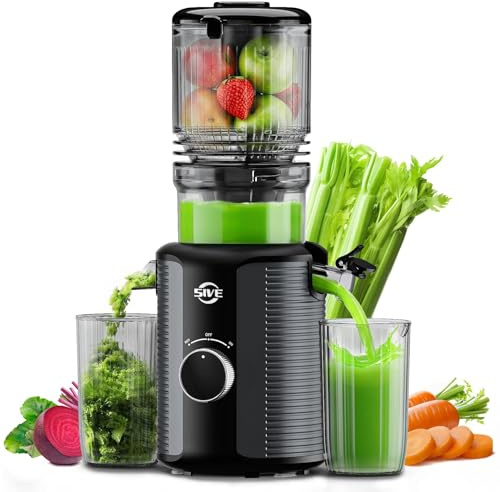 Cold Press Juicer Machine, 5.1 Inch Wide Chute Masticating Juicer, 1.2L Slow Juicer for Whole Fruits & Vegetables, Easy to Clean Electric Juice Extractor, Juice Maker with Recipe Guide, Silver & Gray