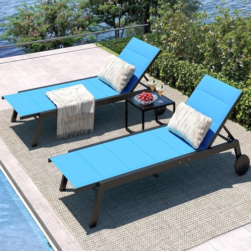 GarveeMore 2er Set Sonnenliege Mit Rollen, Gartenliege Mit 5-Stufige Verstellbarer Rückenlehne, Liegestuhl Mit Tisch Für Pool, Garten, Balkon, Terrasse, Bis 158kg Belastbar