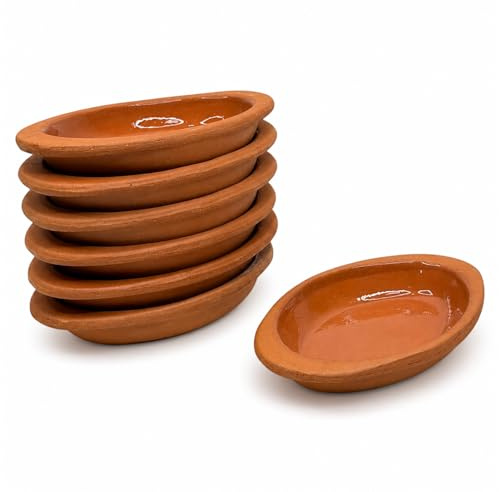 TheOwnas Terracotta Oval Tapas Dishes. (Set of 6) Mini Ovenproof Glazed Clay Serving Dishes. Natural Pottery Bowl for Tapas, Mezze, Dips, Baking, Cooking & Appetisers.