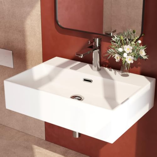 EMKE Lavabo da Appoggio e Sospeso in Ceramica Bianca Lucida,51x36 cm | Lavello Bagno Rettangolare con Troppopieno e Foro per Rubinetto Basso, Design Moderno ad Angoli Retti Senza Rubinetteria