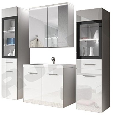 Badmöbel Set Udine II mit Waschbecken und Siphon, Modernes Badezimmer, Komplett, Spiegelschrank, Waschtisch, Hochschrank, Möbel (ohne Beleuchtung, Weiß/Weiß Hochglanz)