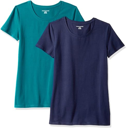 Amazon Essentials Women's Regular-Fit Short-Sleeve Crewneck T-Shirt, Pack of 2, Green (Dark Green/Navy), L