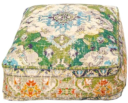 Mandala Life ART Hocker Bezug Grün XXL Sitzkissen Boho Für Meditation, Yoga Und Boho Chic Orientalische Sitzkissen Für Wohnzimmer Indische Deko 100% Baumwolle Ungefüllt 60X20Cm