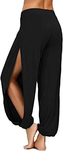 ASKSA Damen Hochschlitzige Haremshose Frauen Hippie Split Sport Hose Fitness Stretchhose Loose Fit Yogahose Sporthose (Schwarz,M)