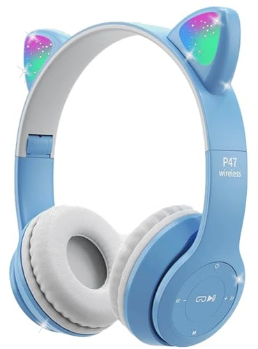 Megadream Kids Wireless Headphones, Bluetooth Over Ear Headphones with Microphone, Cat Ear LED Light Child Headset TF Card/Wired Foldable Earphones for Girls Boys Gift Age 7+(Blue)