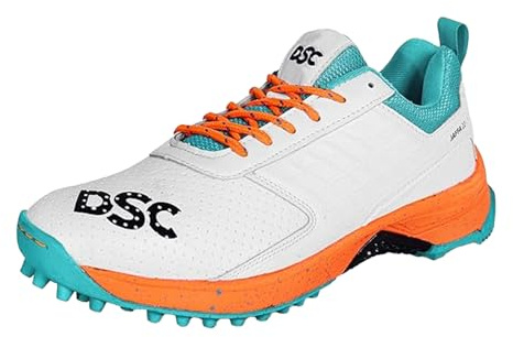 DSC Jaffa 22 Professional Cricket Shoes for Men | Toe and Heel Protection | Multilayer Cushioning | Supersoft and Flexibility | Rubber Outsole | Durability (White/Orange, Size: EU 39, UK 5, US 6)