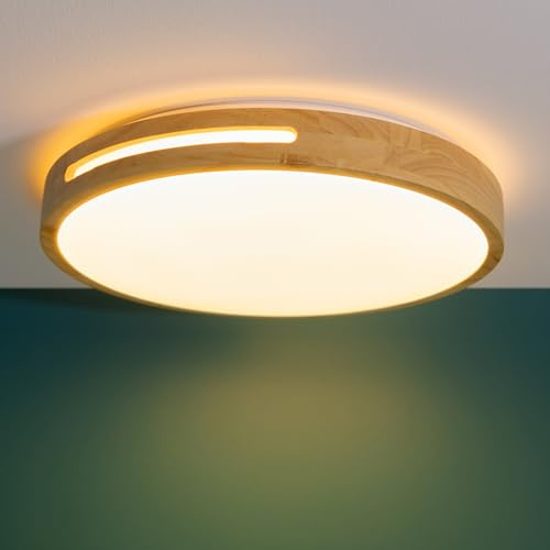 Lightbox LED Wand- & Deckenlampe mit 3-Stufen-Dimmer & hellbraunem Holz | LED Wand- & Deckenlampe mit 3-Stufen-Dimmer & hellbraunem Holz Rahmen vom Kautschukbaum & warmweißer Lichtfarbe (3000 K) | Ø