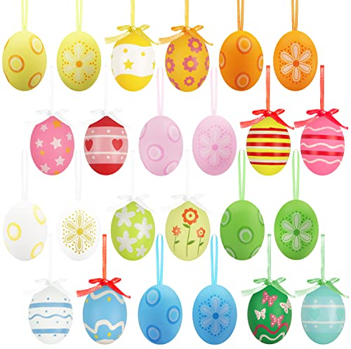 24 Pieces Easter Hanging Eggs Decorations, Colorful Plastic Easter Egg Hanging Ornaments,Decorative Hand Painted Eggs Tree Ornaments with Bow for Easter DIY Crafts Spring Party Home Decoration