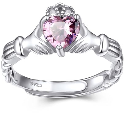 Bestyle Birthstone Jewellery Claddagh Celtic Knot Ring 925 Sterling Silver | Hypoallergenic Adjustable Rings for Women Birth Month Gemstone Gift Irish Band Ring