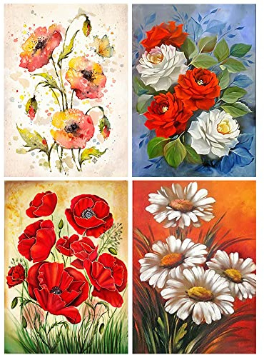 Diamond Painting Bilder 4 Pack 30x40 cm DIY 5D Diamond Painting Paris Malen Nach Zahlen Erwachsene Kinder Diamond Painting Blumen Mohnblume Diamant Mosaik für Geschenk Home Wall Décor Landschaft