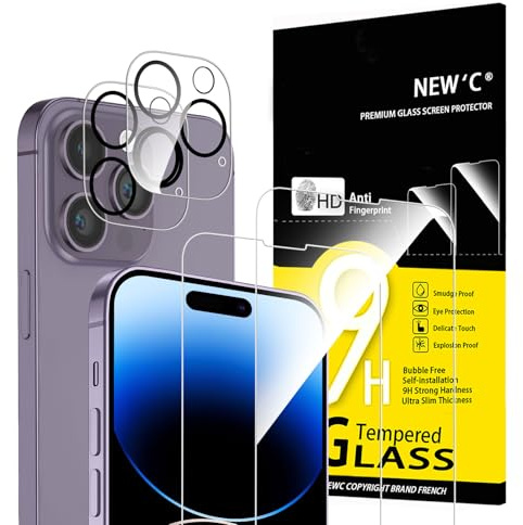 NEW'C Verre Trempé pour iPhone 14 Pro, Protection Écran + Caméra | Lot de 4, 2x vitres trempées + 2x protections caméra, Transparent, 6,1 pouces, Protection Écran, Dureté 9H, Anti-rayures
