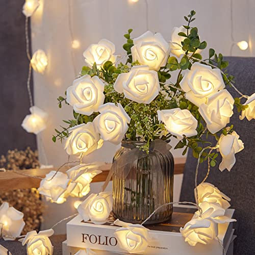 Gukasxi Rose Fairy Lights, 6 m Rose Flower Fairy Lights with 40 LEDs Battery Operated Rose Flower String Lights for Valentine's Day, Christmas, Wedding, Birthday, Party, Bedro (White)