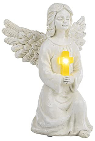 Ange solaire LED - Ange gardien avec croix - Décoration de jardin - Ange de Noël - Décoration funéraire - 1 LED blanc chaud - 16 x 14 x 22,5 cm