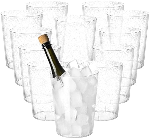Tiawudi 12 Pack Plastic Ice Bucket For Parties, Silver Glitter Clear Wine Cooler for Wedding, Good as One Large Champagne Chiller Or Classic Wine Bottle Chiller