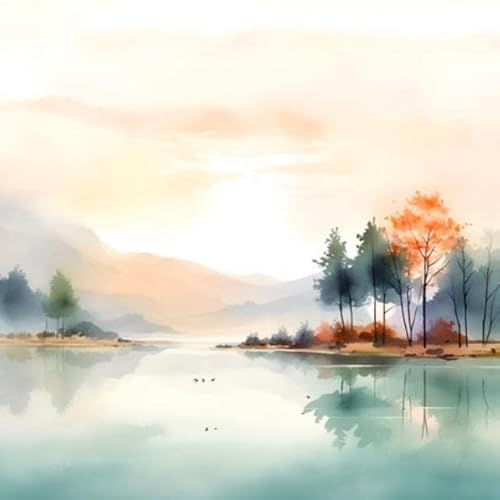 adrium Acryl-Bild 70 x 70 cm: Aquarelllandschaft mit See, Wald und Bergen. Digitale Kunstmalerei (201024553)