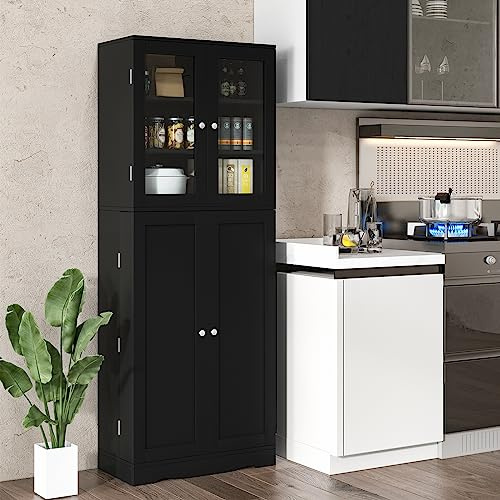 COSTWAY Credenza da Cucina, Dispensa da Cucina con Doppia Porta in Vetro Temperato, Armadio Salvaspazio con Anta Profonda a 14 Ripiani, per Soggiorno, Sala da Pranzo e Bagno, 60 x 32 x 161cm (Nero)