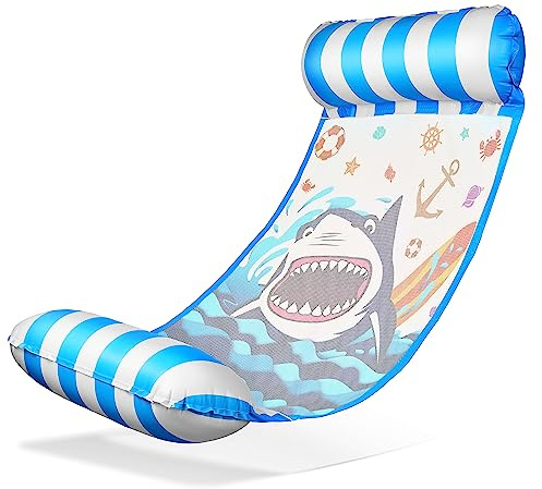 Balinco – Aufblasbare Wasserhängematte Luftmatratze mit 2 Luftkammern & Nylon Netz für Pool – Floatie Wassermatratze Relaxliege für Erwachsene – Sommer Poolzubehör (Hai Blau)