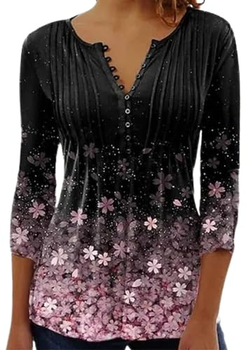 Yeenily Camicia Elegante Donna a Manica Scollo a V T-Shirt a 3/4 Lunga Top Bluse Maglietta Stampato Basic Tee(L,Nero)