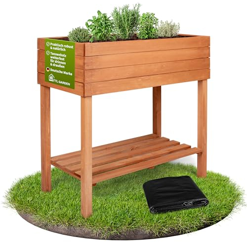 TTL GARDEN Balkon Hochbeet M 80x40x80cm aus Holz - Pflanzkasten & Blumenkasten mit Ablageboden & Folie - Tannenholz wetterfest - Pflanzbeet Kräuterbeet Blumenbeet für Garten Balkon Terrasse - Braun