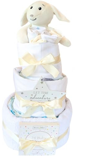 Welcome to The World New Baby Gift Unisex White Organic Bunny for New Parents and Newborn Baby 3 Tier Nappy Cake Baby Gift Hamper for New Parents