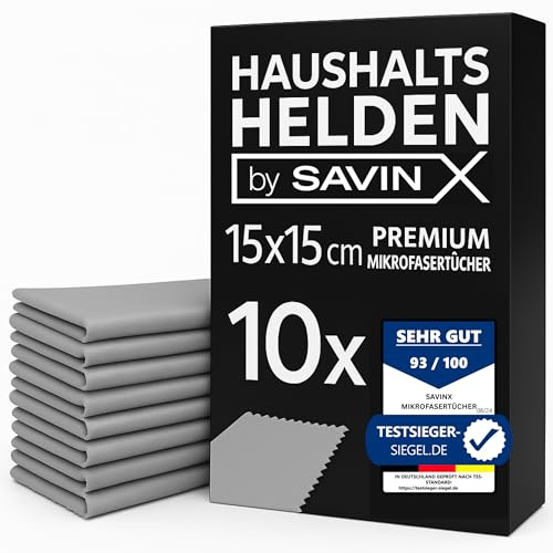 HAUSHALTSHELDEN Premium Mikrofaser Brillentücher 10er Pack • Optikerqualität • Kratzerfreies Reinigen, Wiederverwendbar & hochwertig - gegen Schmutz, Staub, Fett & Fingerabdrücke - 15x15cm