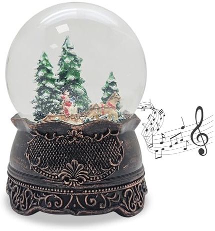 Schneekugel Musik Weihnachten | Kutschfahrt | B: 10 cm H: 14 cm | 20325 | Sockel Zinnoptik Ornamente | Schlittenfahrt mit Spieluhr| Schüttelkugel Weihnachtsdekoration