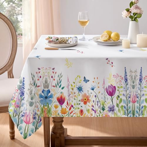 Softalker Tovaglia Primavera Antimacchia Pasqua 140x180 cm 4-6 Posti Bianca Elegante Rettangolare Tovaglie da Esterno,Copri Tavolo Cucina,Pranzo,Festa,Feste,Ristorante,Trattoria,Ristoranti,Floreale