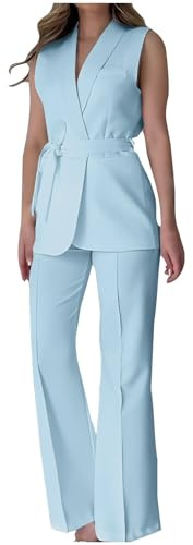 Mrat Conjunto de chaleco y pantalón para mujer, conjunto de 2 piezas, elegante blazer sin mangas, chaleco con cinturón, pantalones de pierna ancha, traje de negocios, trabajo, oficina, traje de ajuste