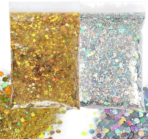 SNONESIY Glitzer Basteln Glitzerpulver 100g (50g Gold + 50g Silber) - Bastelglitzer, Glitter, Silber, Gold, 100g
