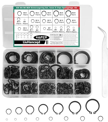 535pcs Circlips Set, 19 Sizes External Retaining Ring Assortment | Black snap ring circlip kit with assorted C-clips & E-clips. Durable 65Mn steel, rust-resistant. Ideal for axles, shafts