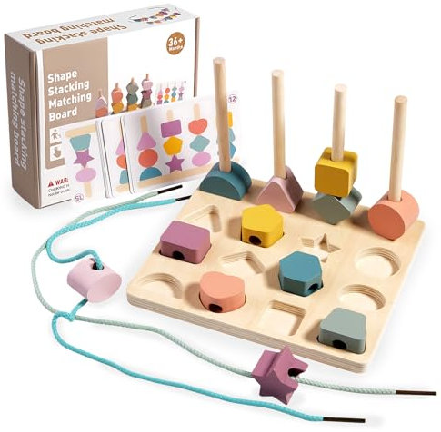 Kingbar 4-in-1 Montessori Spielzeug, Fädelspiel, Sortierspiel, Mit Karten Und Aufbewahrungsbox, Holz Sortier Und Stapelspielzeug, Motorikspielzeug Ab 2 3 4 Jahre, M
