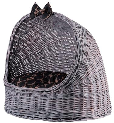 e-wicker24 Alles aus Weide Willow Animal House, Oval Cat House, Wicker Cat Basket for the Cat for the Dog, Cat Storage, Animal Basket (Grey/Black, 60 x 46 cm, H48)