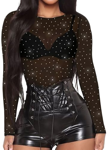 Women's Mesh Tops Sheer Long Sleeve Tee Shirts Bodycon See Through Blouse Clubwear(Black Rhinestone,L)