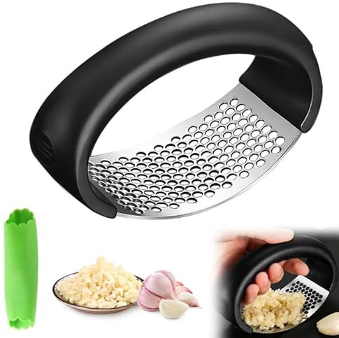 Garlic Press Rocker, Stainless Steel Garlic Mincer and Garlic Crusher, Easy-Squeeze Garlic Tool with Peeler and Cleaning Brush for Smashing Garlic (Black)